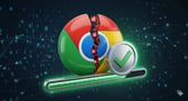 Google Chrome icon cracked in the middle with bugs crawling outside and a loading bar below it with a verified icon.