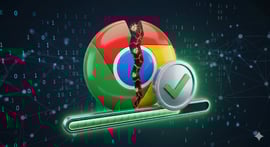 Google Chrome icon cracked in the middle with bugs crawling outside and a loading bar below it with a verified icon.