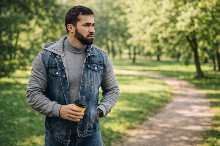 A man holding a cup of coffee standing on a park.