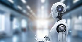 Side view of a humanoid AI robot with opened palm.