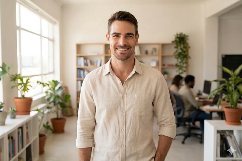 Image result of a man wearing casual clothing inside an office setting.