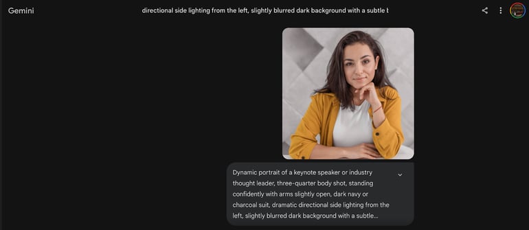 Gemini prompt of a woman as a speaker or event bio photo.