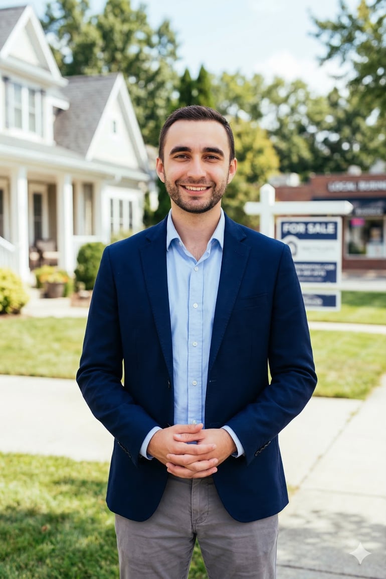 Image result of a man in smart casual attire posing as a professional real estate agent.