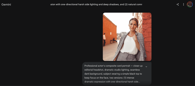 Gemini prompt for a model composite card portrait.