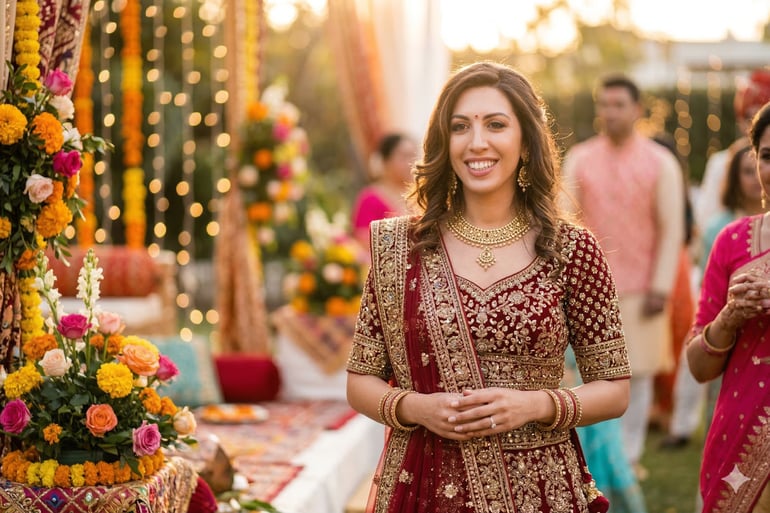 A woman wearing a festive/cultural attire on a southern asian setting.
