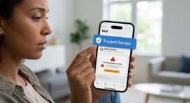 A woman holding her phone with a "Trusted Sender" verification on a software update.
