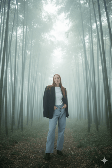 Finished product for a woman with bamboo trees in the background.