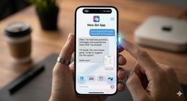 New Siri AI assistant features on iPhone showing contextual email drafting and file scanning. The screen displays a 'New Siri App' interface with a drafted response to 'Sarah' about a dinner menu PDF.