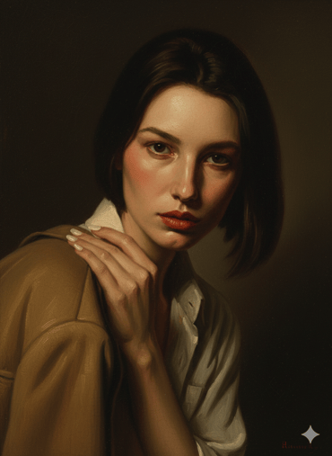 Finished product of an AI adjusted image of a woman on a portrait style filter.