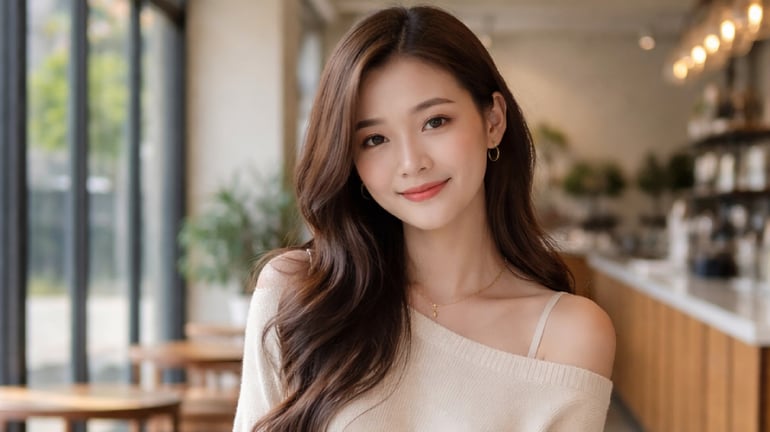 A woman sitting inside a coffee shop smiling to the camera.