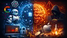 Split digital-organic brain for AI; robot, Google, OpenAI & Apple logos; hooded hacker laptop; lock, skull malware screen; satellite dishes, rocket over city.