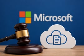 Gavel beside a cloud icon in front of a Microsoft backdrop