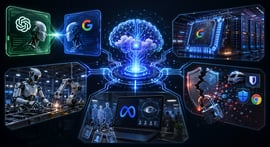 Futuristic AI network connects OpenAI, Google, Meta, robotics, cloud chips, and cybersecurity across glowing digital panels.