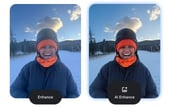 2 identical images of a woman smiling outside in the snow. One is enhanced and the other is not.