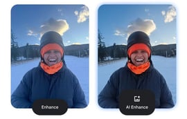 2 identical images of a woman smiling outside in the snow. One is enhanced and the other is not.