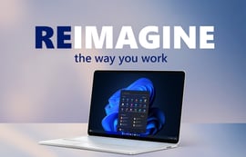 Surface Laptop showing Windows 11 Start menu with 'REIMAGINE the way you work' headline.