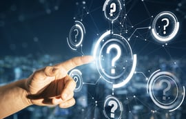 Close Up Of Male Hand Pointing At Abstract Glowing Question Marks Interface On Blurry Night City