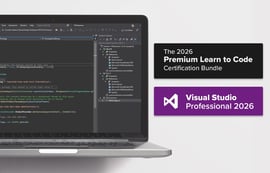 The 2026 Premium Learn to Code Certification Bundle featuring Visual Studio Professional 2026 on a laptop screen.