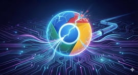 A cracked Google Chrome logo with lines of data going around it.