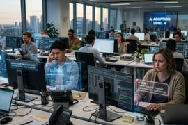 a modern office setup with worker on their computer working.