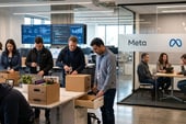 employees at Meta office wrapping a box