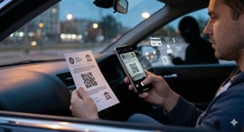 A man inside his car scanning a qr code printed on a piece of paper.