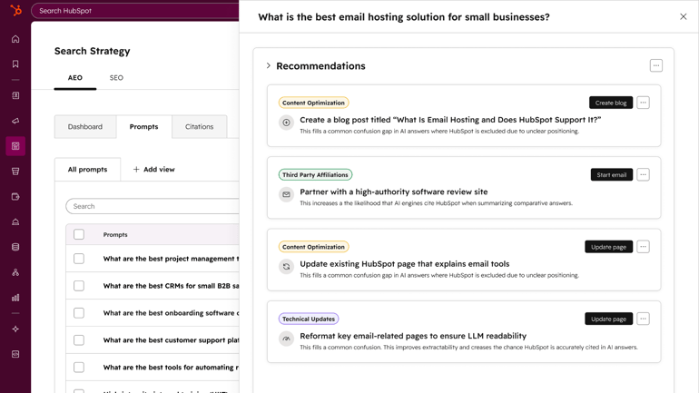 HubSpot AEO tool content recommendations screen