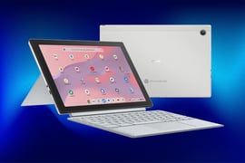 ASUS Chromebook Detachable 2-in-1 laptop showing the tablet screen with keyboard and the rear panel view.