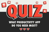 Graphic titled "QUIZ: What Productivity App Do You Need Most?" featuring red 3D lettering and gaming-style icons.