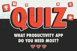 Graphic titled "QUIZ: What Productivity App Do You Need Most?" featuring red 3D lettering and gaming-style icons.
