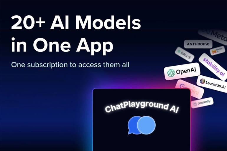 ChatPlayground AI app promotion featuring logos for OpenAI, Anthropic, Gemini, and Stability AI with the text '20+ AI Models in One App.