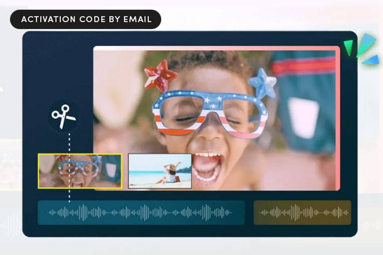 Video editing software interface showing a child in American flag glasses, audio waveforms, and "Activation Code by Email" text.