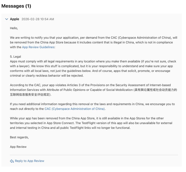 Screenshot of the removal notice.