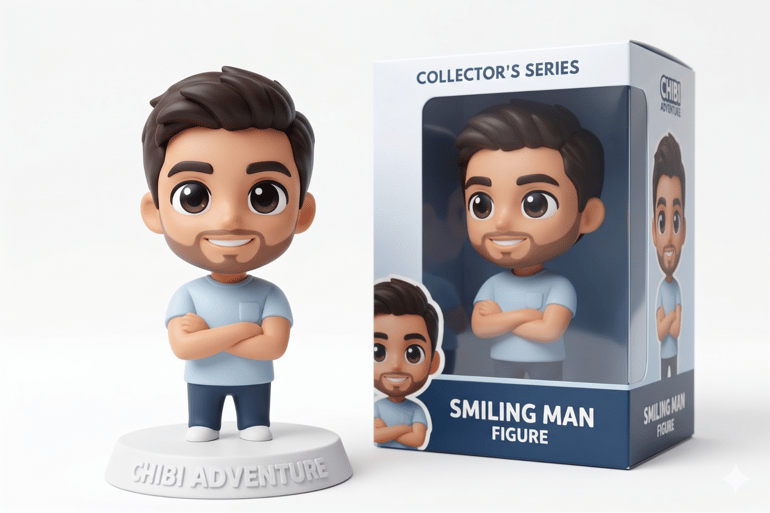 The toy-like image produced of the Chibi Adventure Smiling Man figurine.