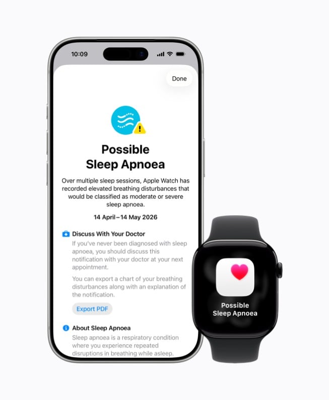 Sleep apnea monitoring and notifications from Apple Watch.