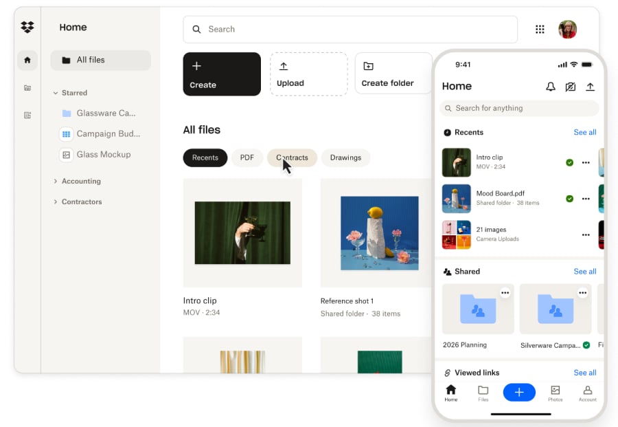 Dropbox desktop and mobile apps featuring shared file storage and uploads.